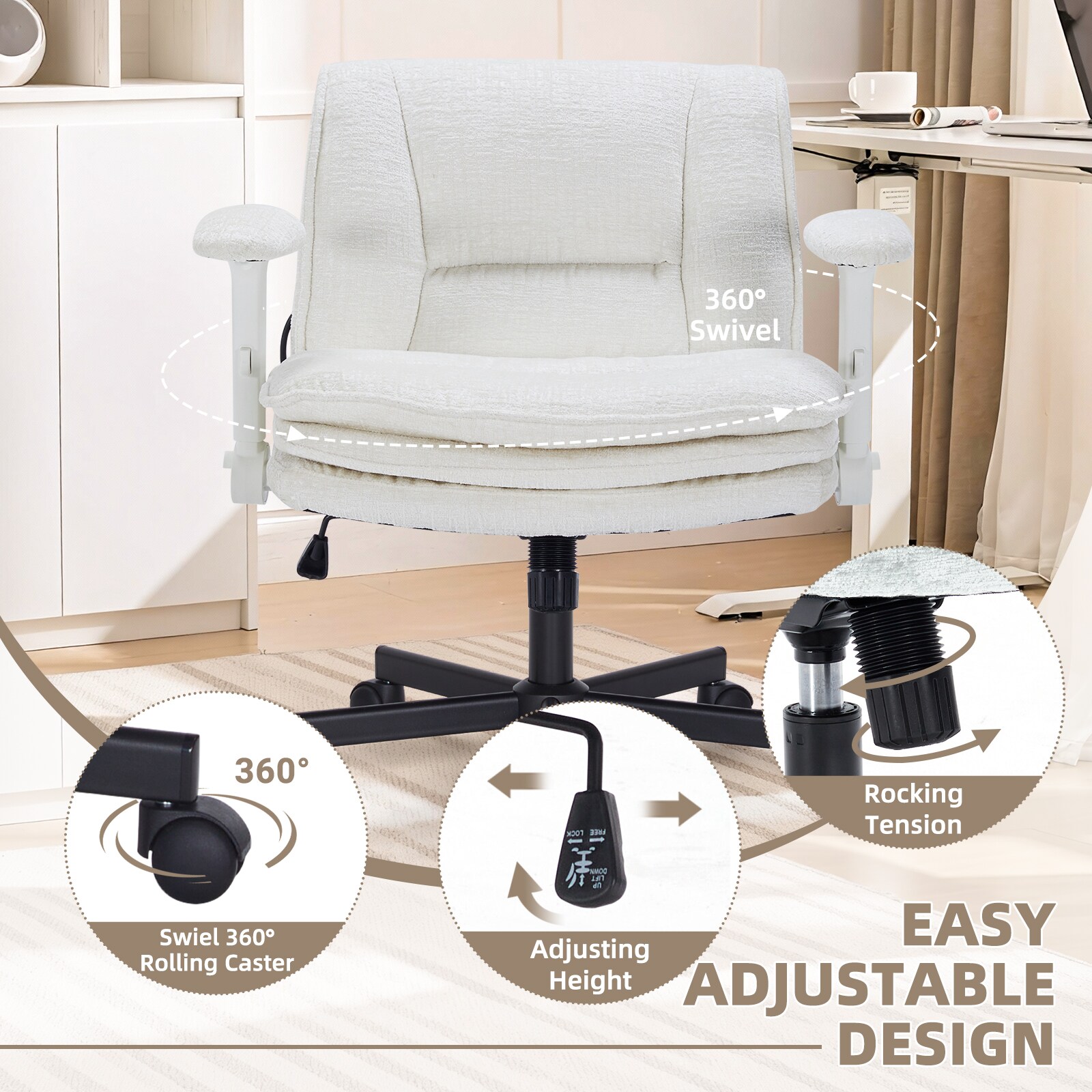 Criss Cross Chair With Wheels And Flip Arms, Upholstered Cross Legged Office Chair With 3 Layer Cushions&Dynamic Airbag Lumbar Support, Wide Seat Comfy Desk Chair For Home Office, Living Room, Beige_maomaolike.com